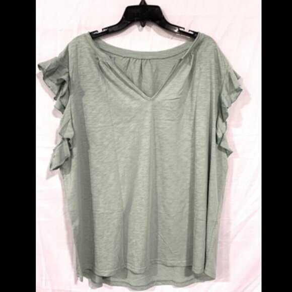 Women's V Neck Ruffle Cap Sleeve Top - Picture 3 of 5